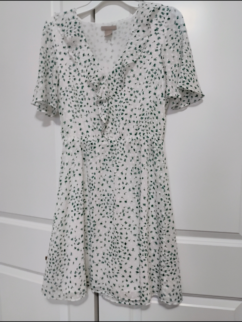 H&M White Mini Dress with Green Floral Print